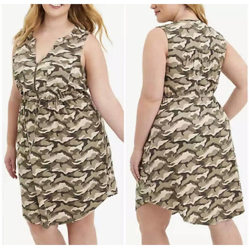 New Torrid Womans Sz 3X Zip Front Shirt Dress Stretch Challis Camo NWT